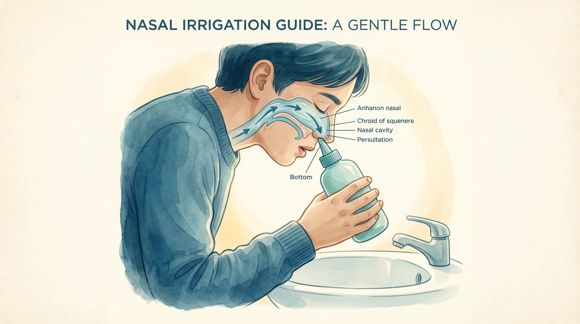 Ilustração de pessoa realizando lavagem nasal corretamente