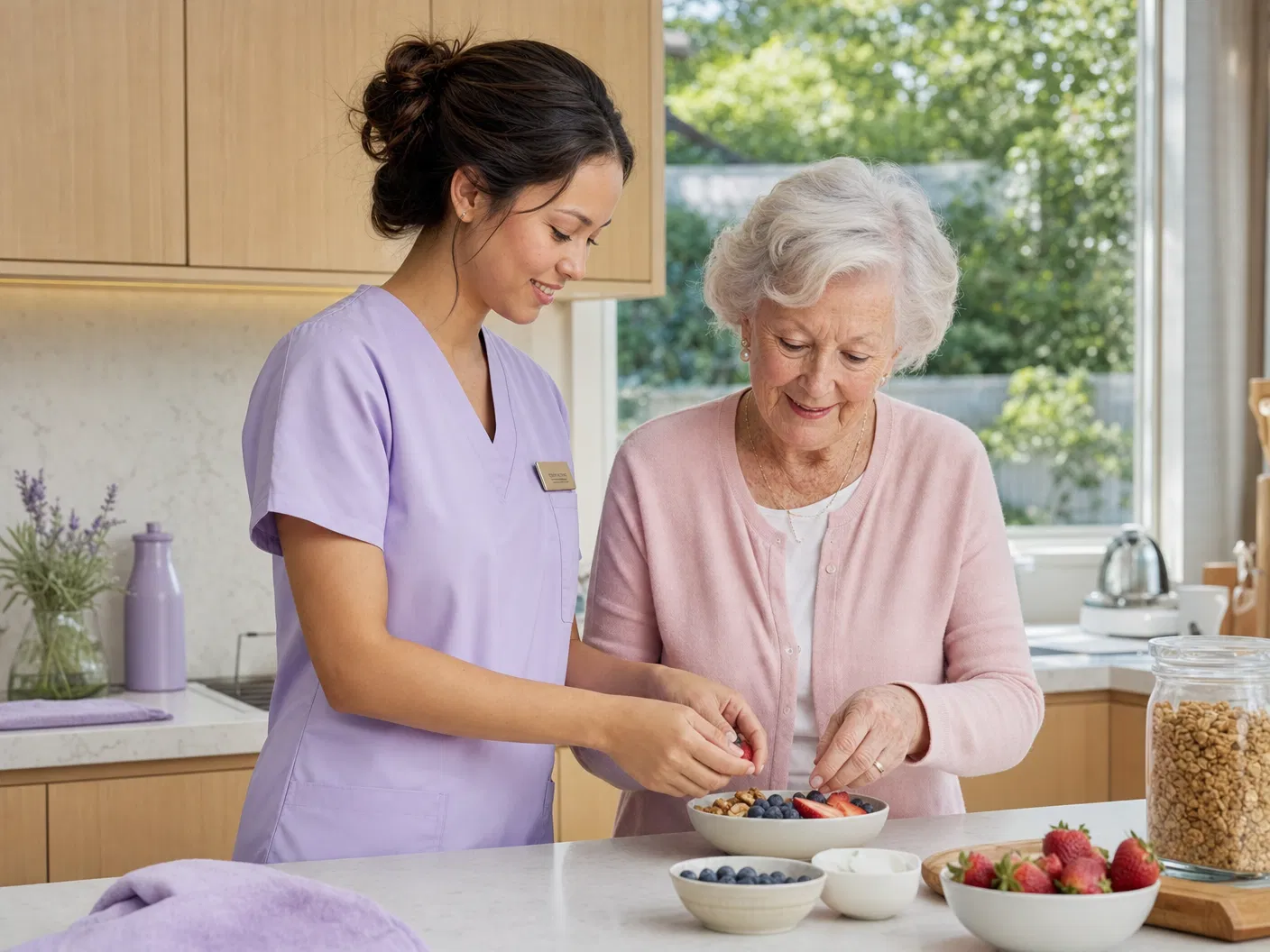 Bilingual caregiver visiting an elderly client at home