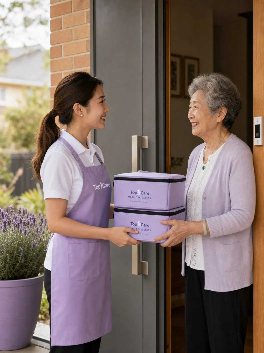 Top1Care driver delivering a senior meal box at the door