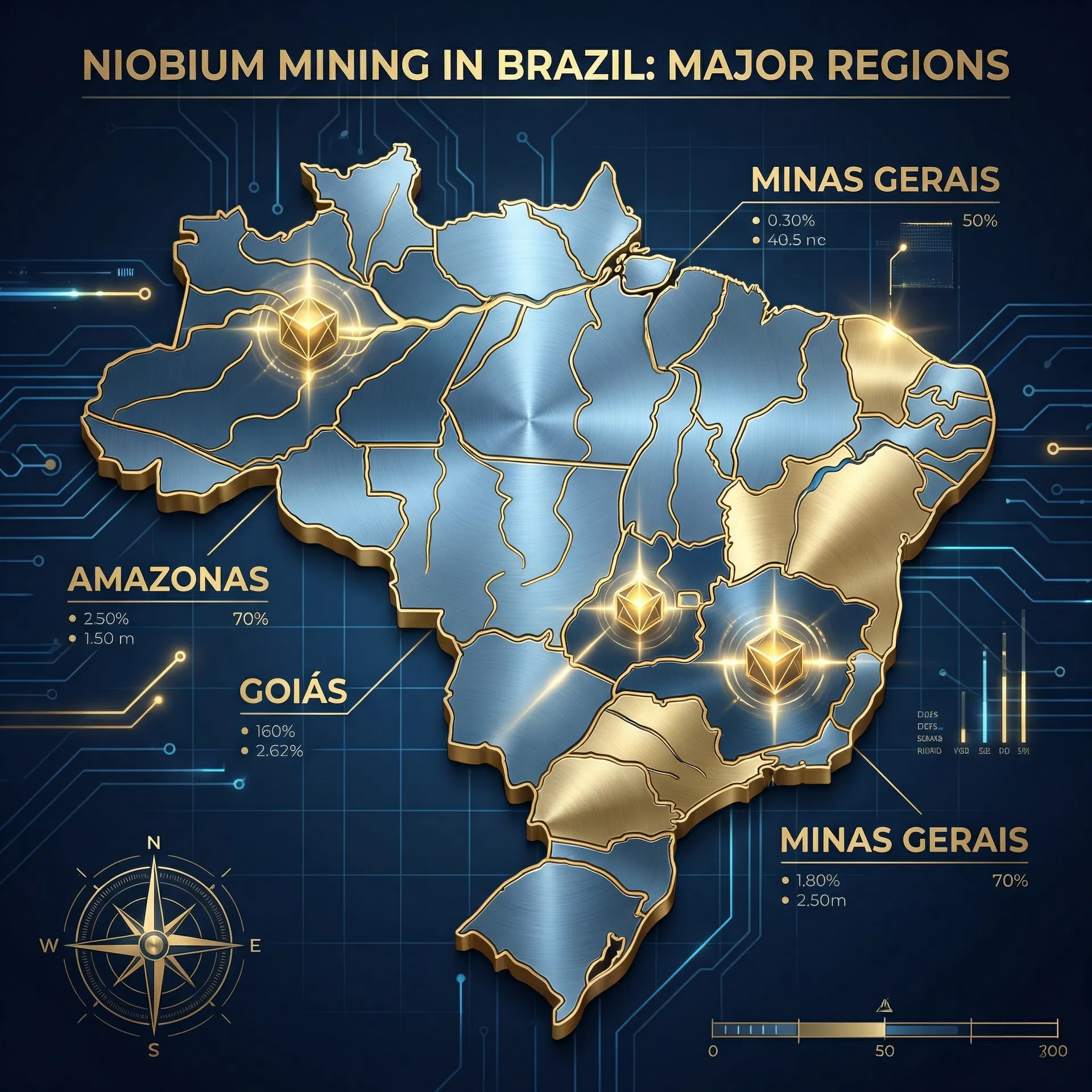 Mapa do Brasil com regiões de mineração de nióbio