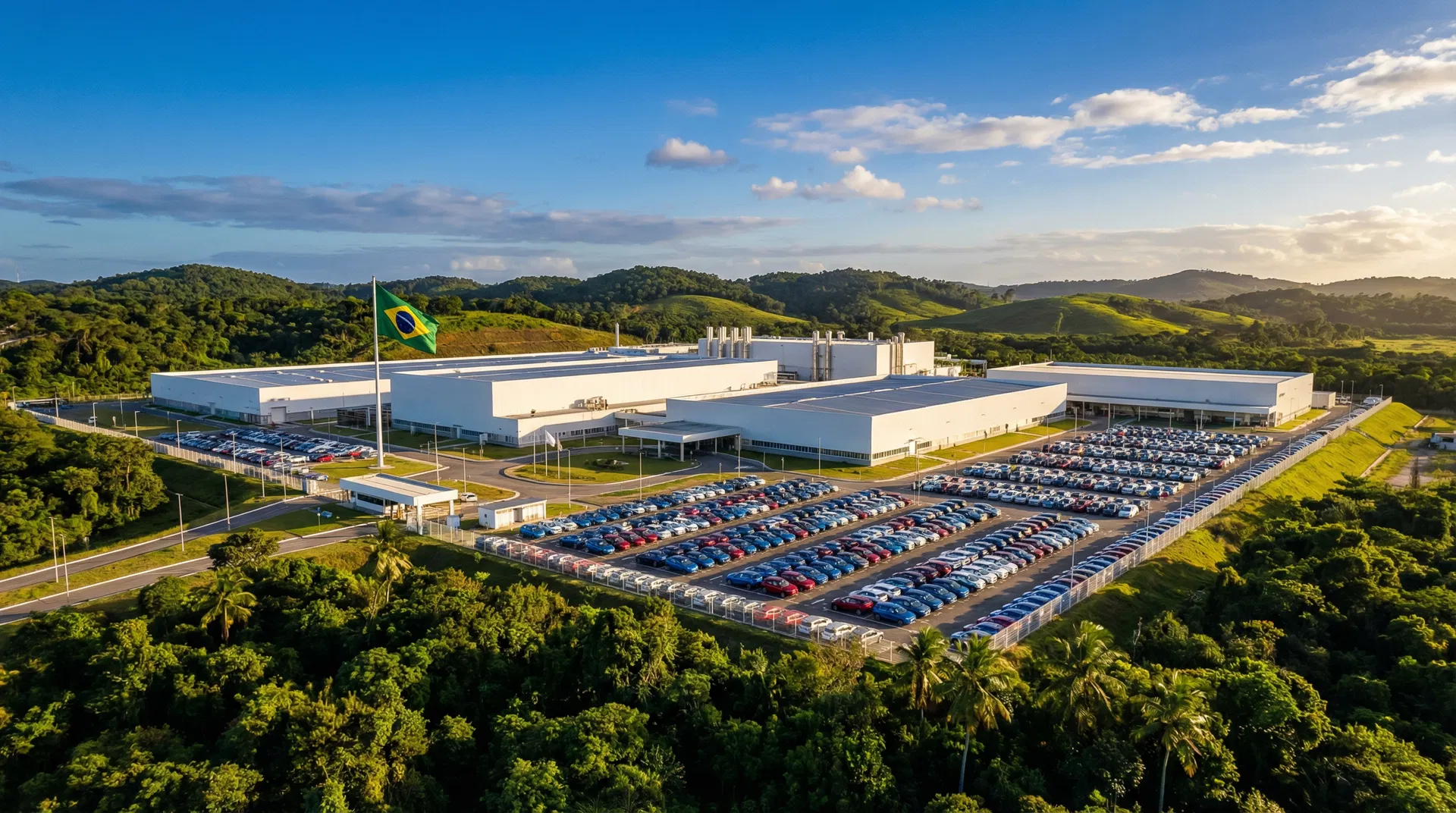 Vista aérea de fábrica de veículos elétricos no Brasil