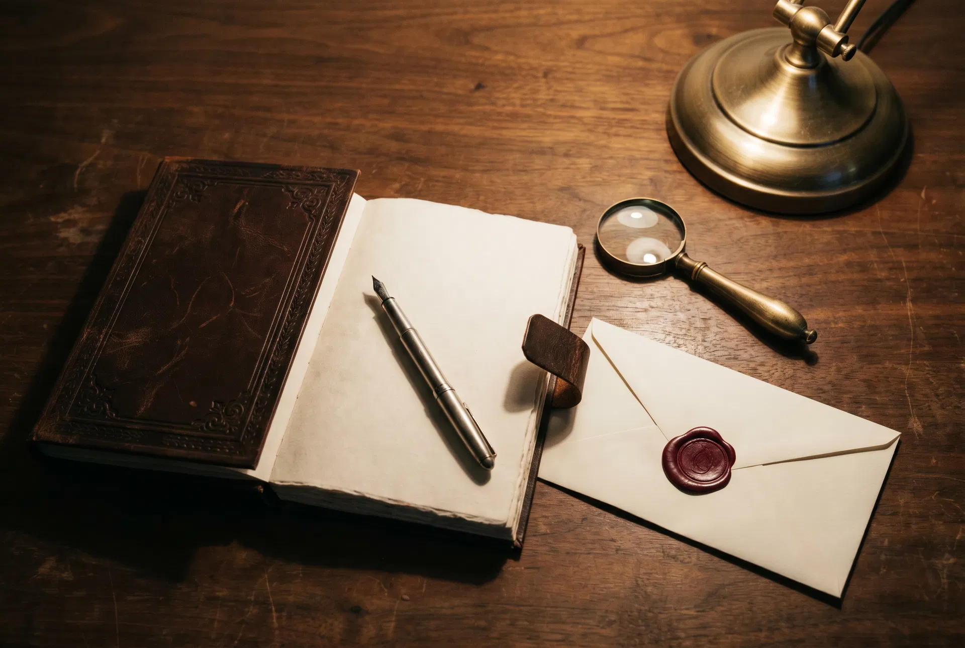 A walnut desk with a leather ledger, fountain pen and a sealed letter.