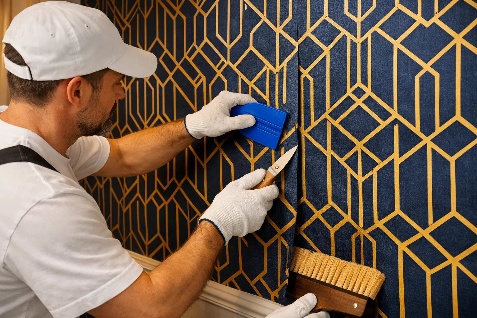 Professional wallpaper installation in progress