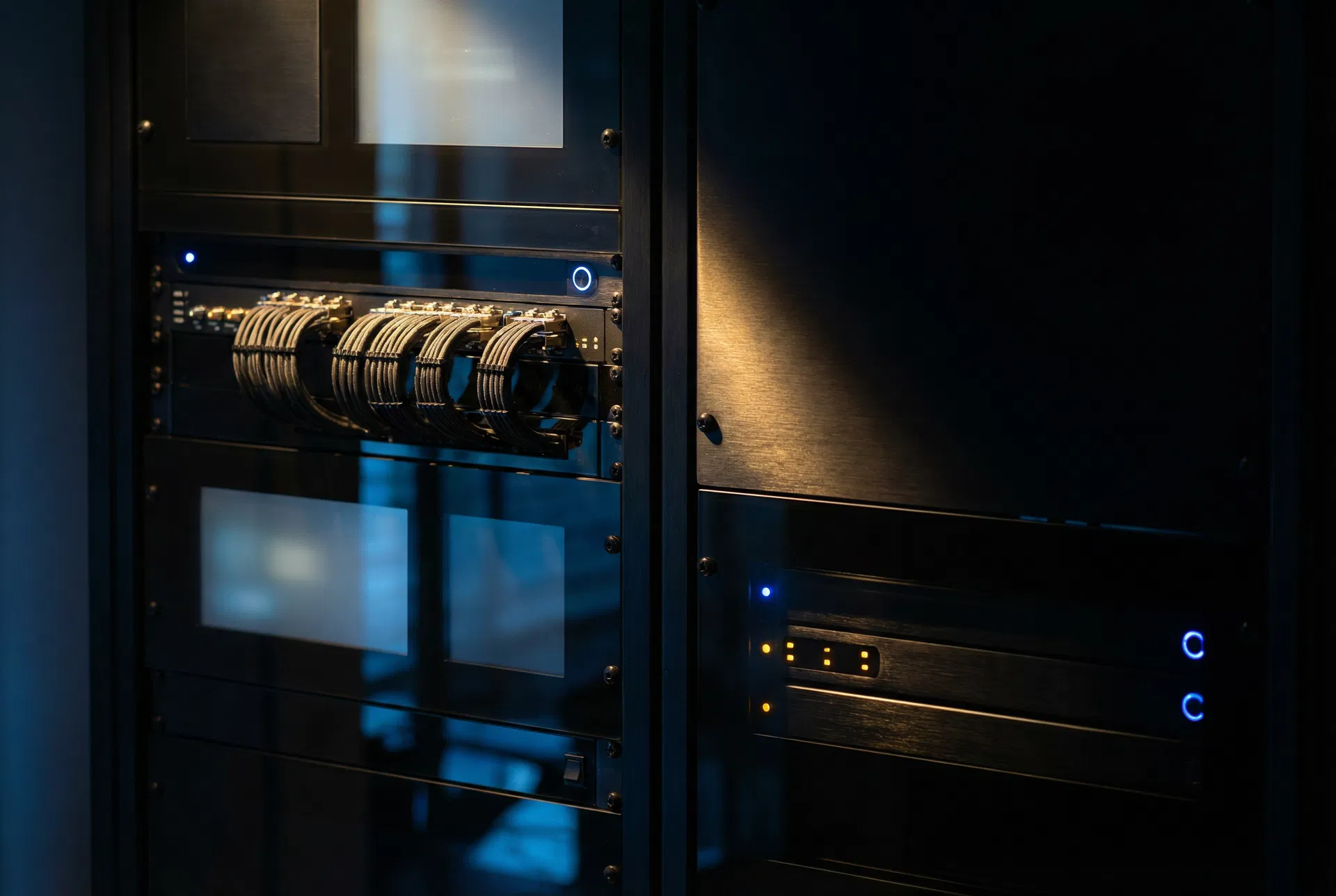 Close-up van een donker technisch systeem met showcontrol en bekabeling