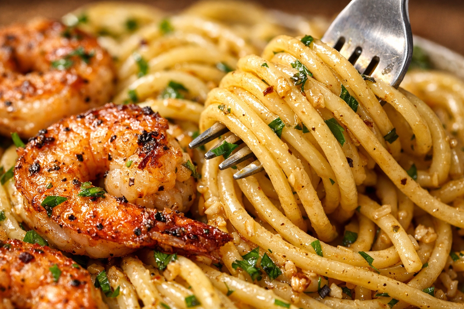 Crispy Garlic Butter Shrimp Pasta Close-Up