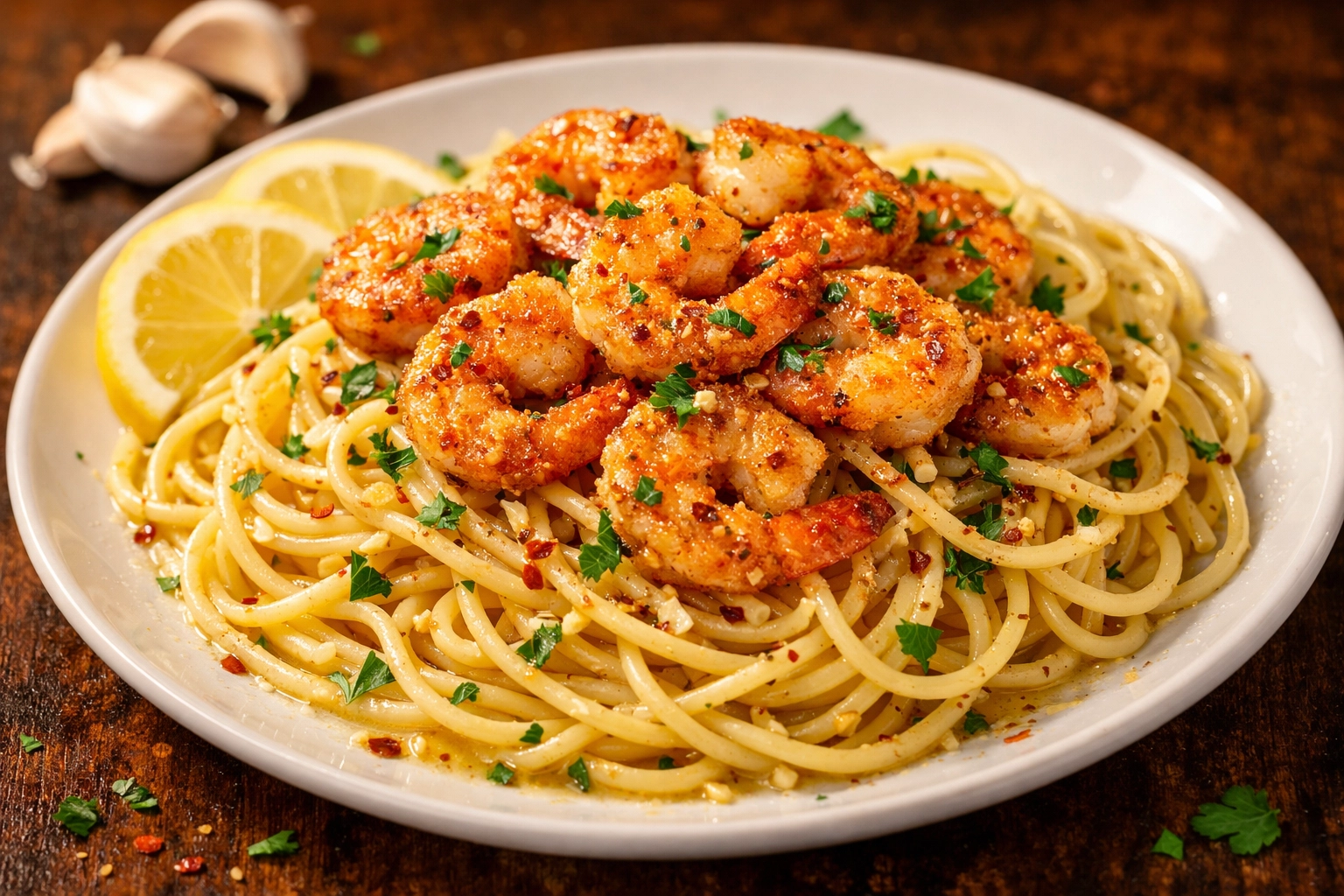 Crispy Garlic Butter Shrimp Pasta