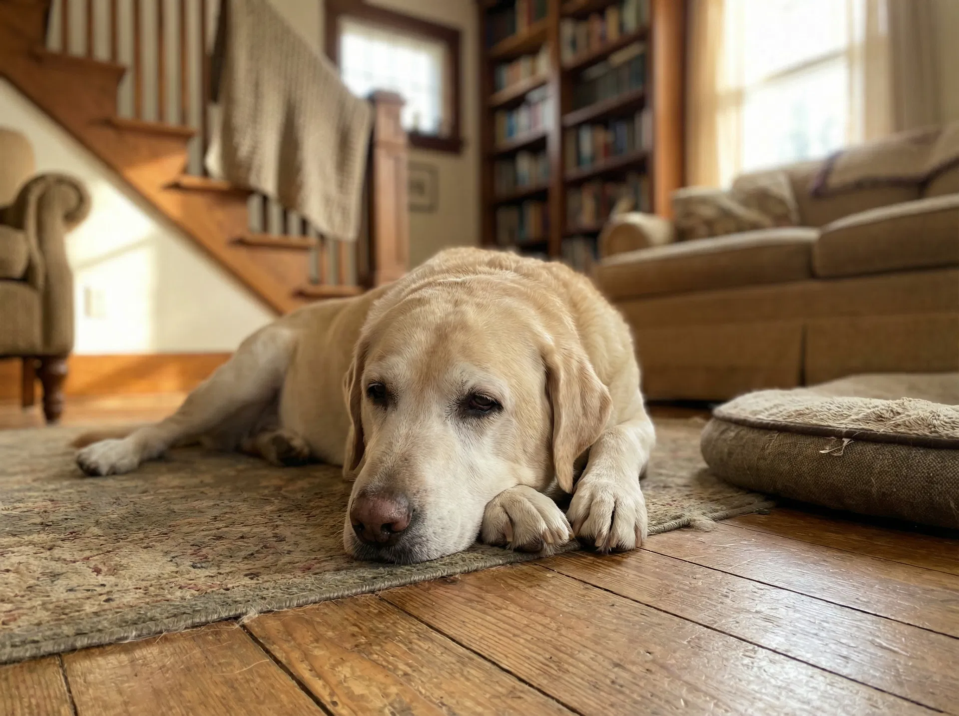 Smutný pes pri schodoch