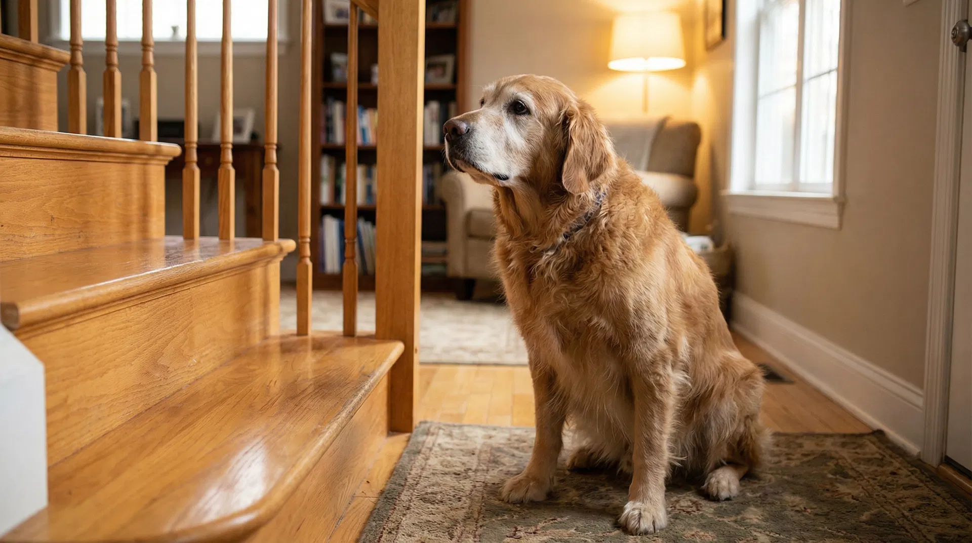 Smutný pes pri schodoch