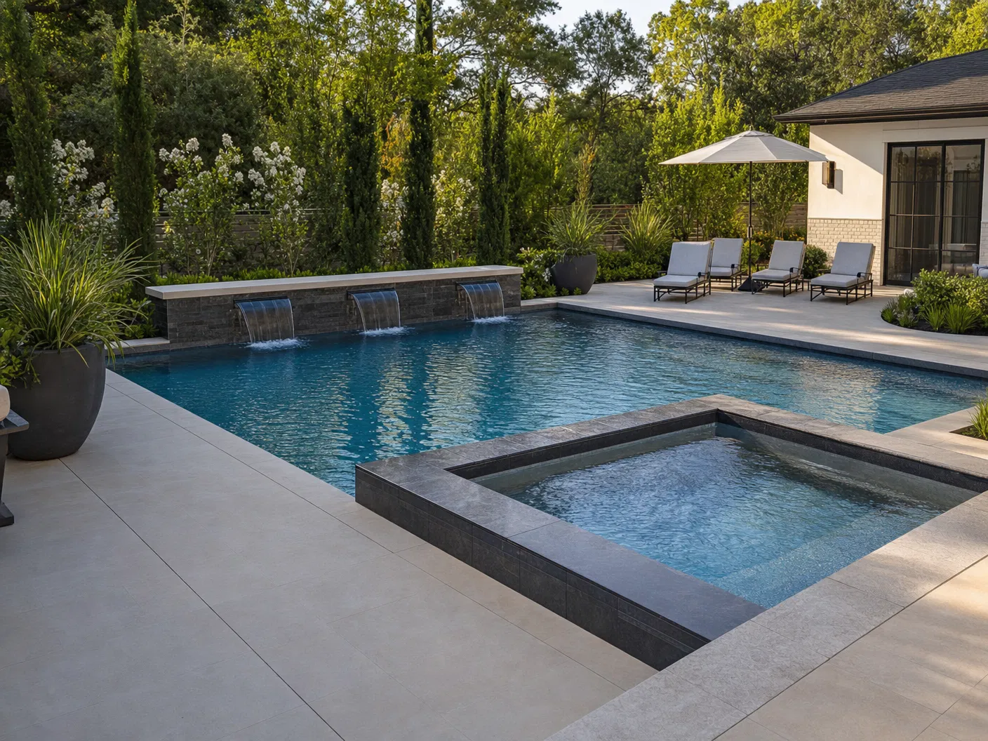 Beautiful custom pool and spa with premium waterline details