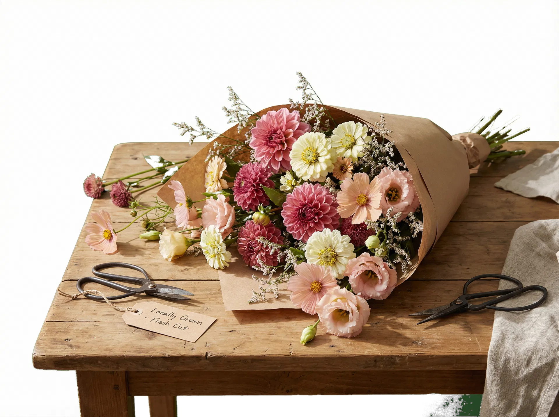 Freshly arranged seasonal bouquet wrapped in kraft paper on a farmhouse table.