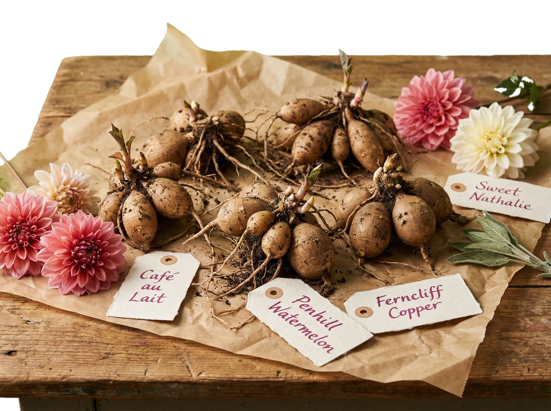 Locally grown dahlia tubers arranged on parchment paper with variety tags.