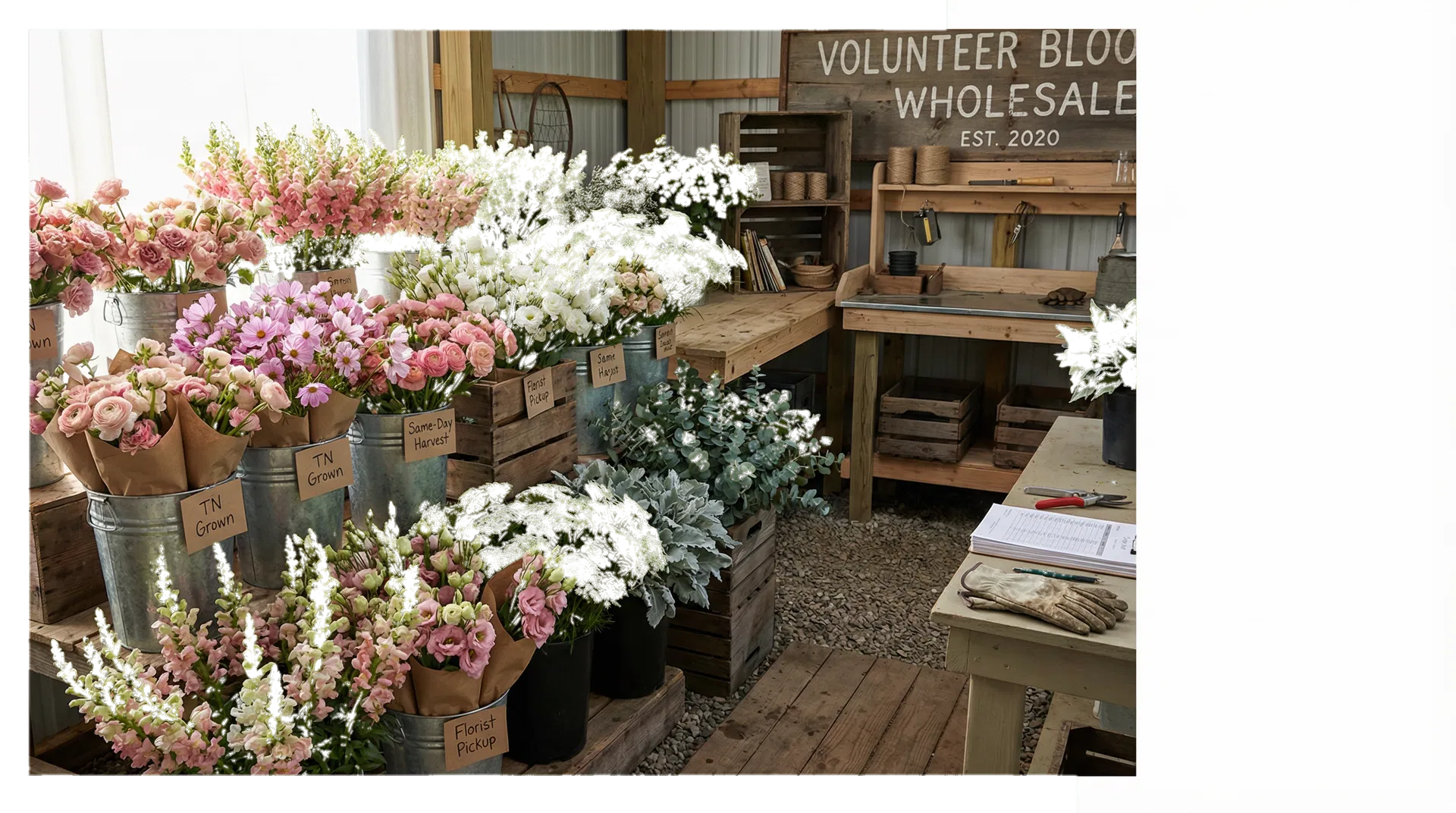 Buckets of wholesale flowers prepared in a small flower farm workspace.