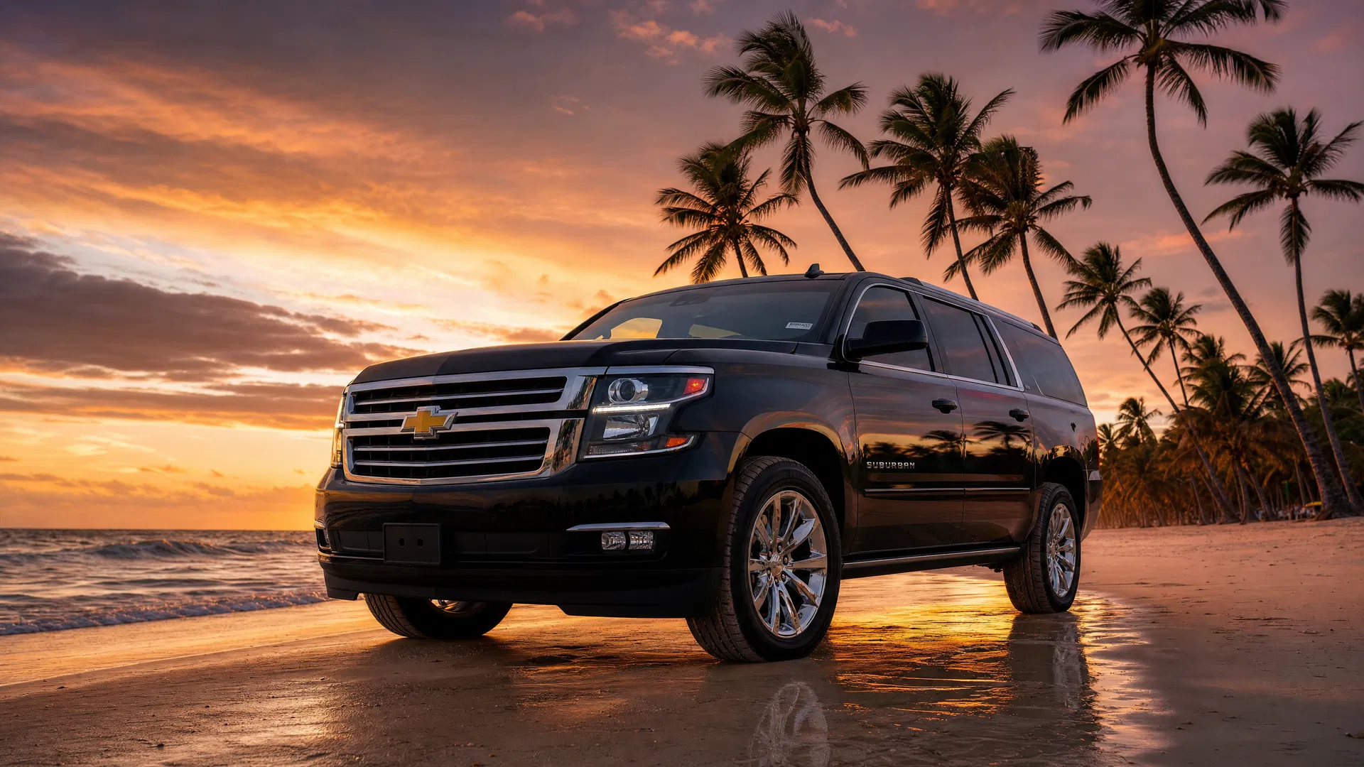 Luxury SUV on Caribbean beach at sunset