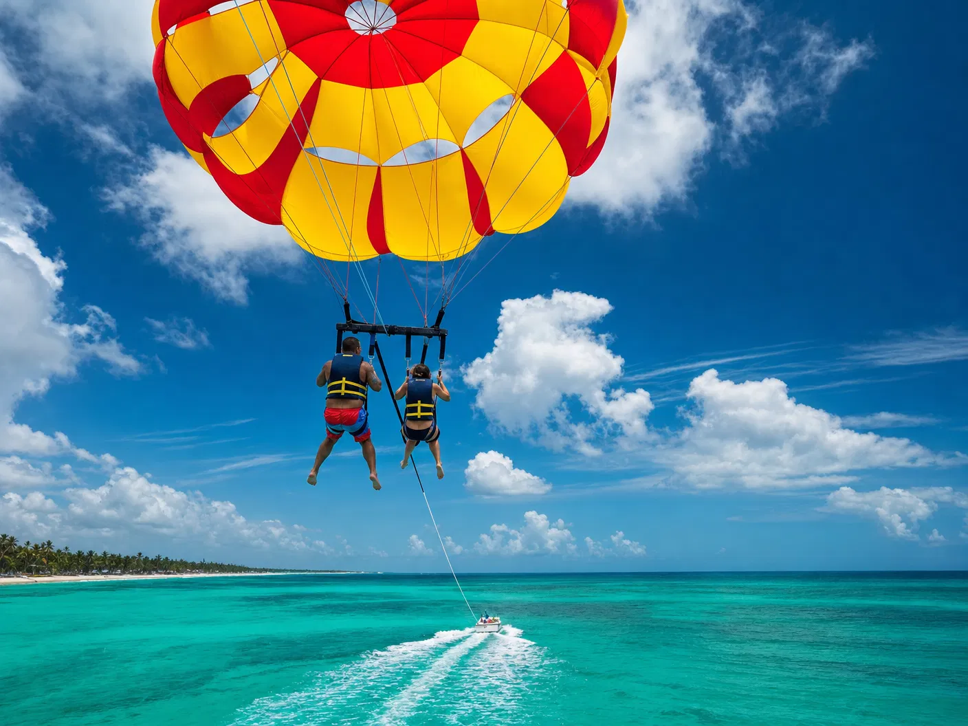 Parasailing over Caribbean sea