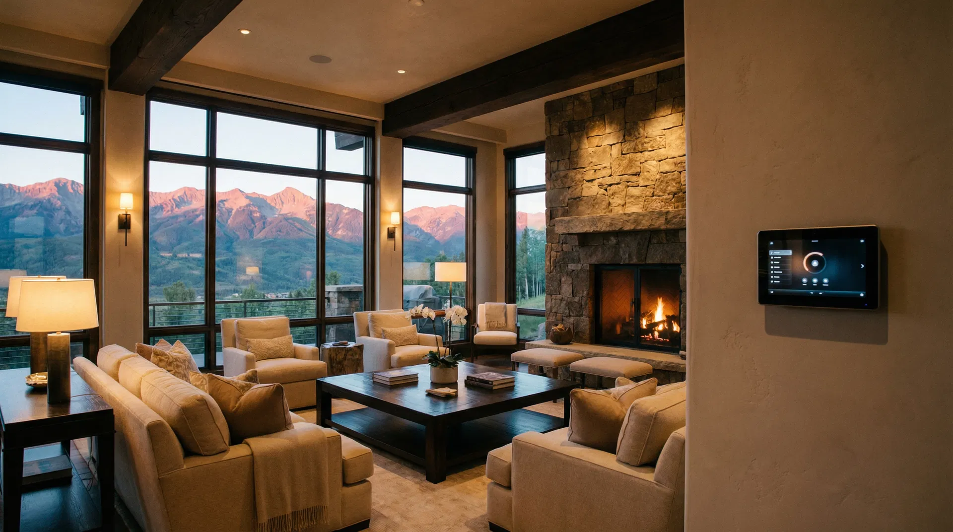 Luxury mountain home living room with smart home control panel