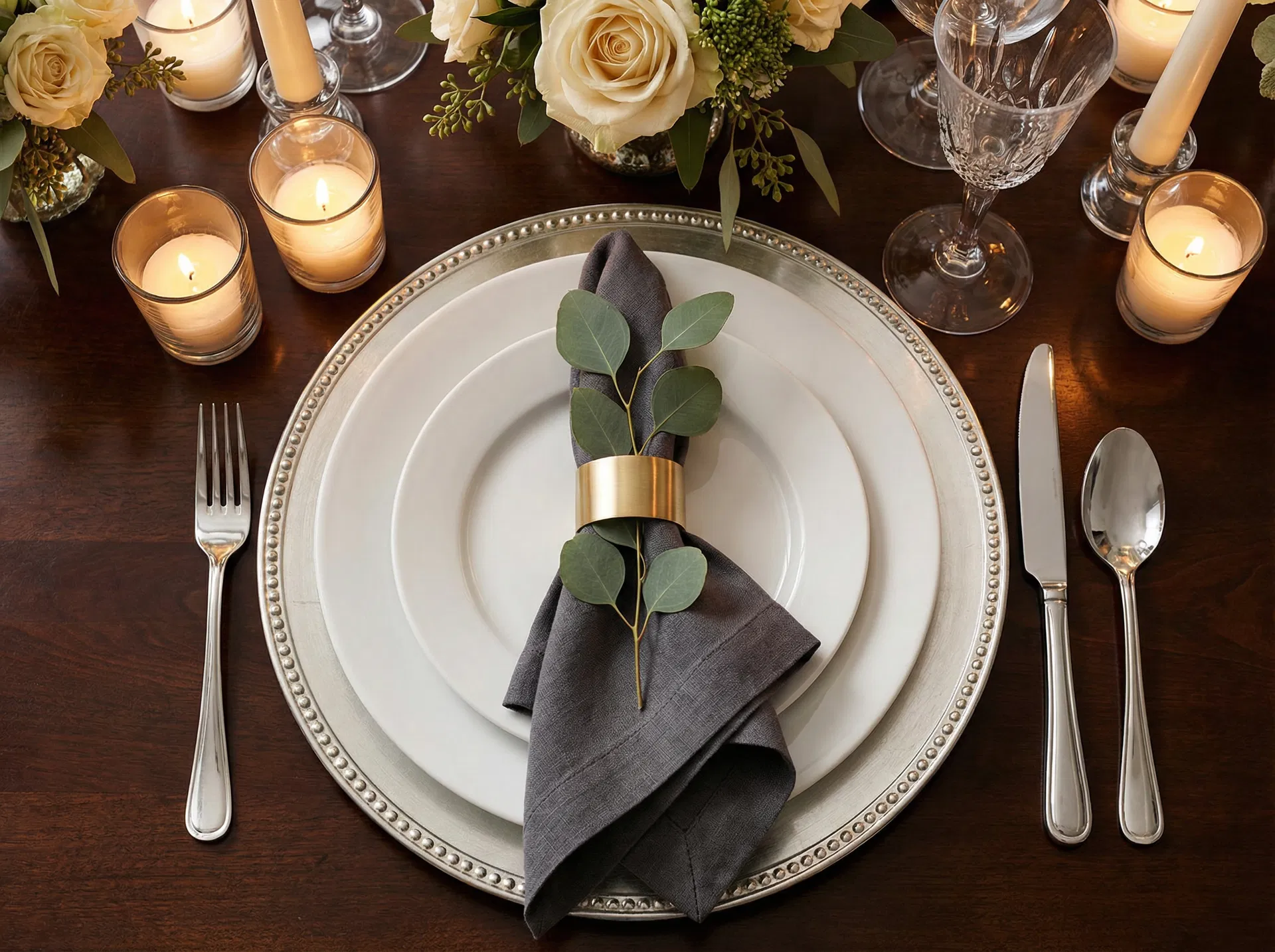 Decorative charger plates and place settings for event rental in Utah