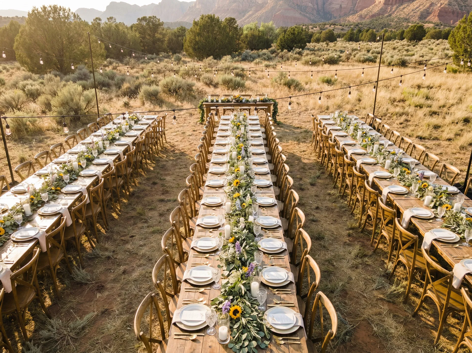Farmhouse tables with crossback chairs at an outdoor Utah wedding with mountain backdrop