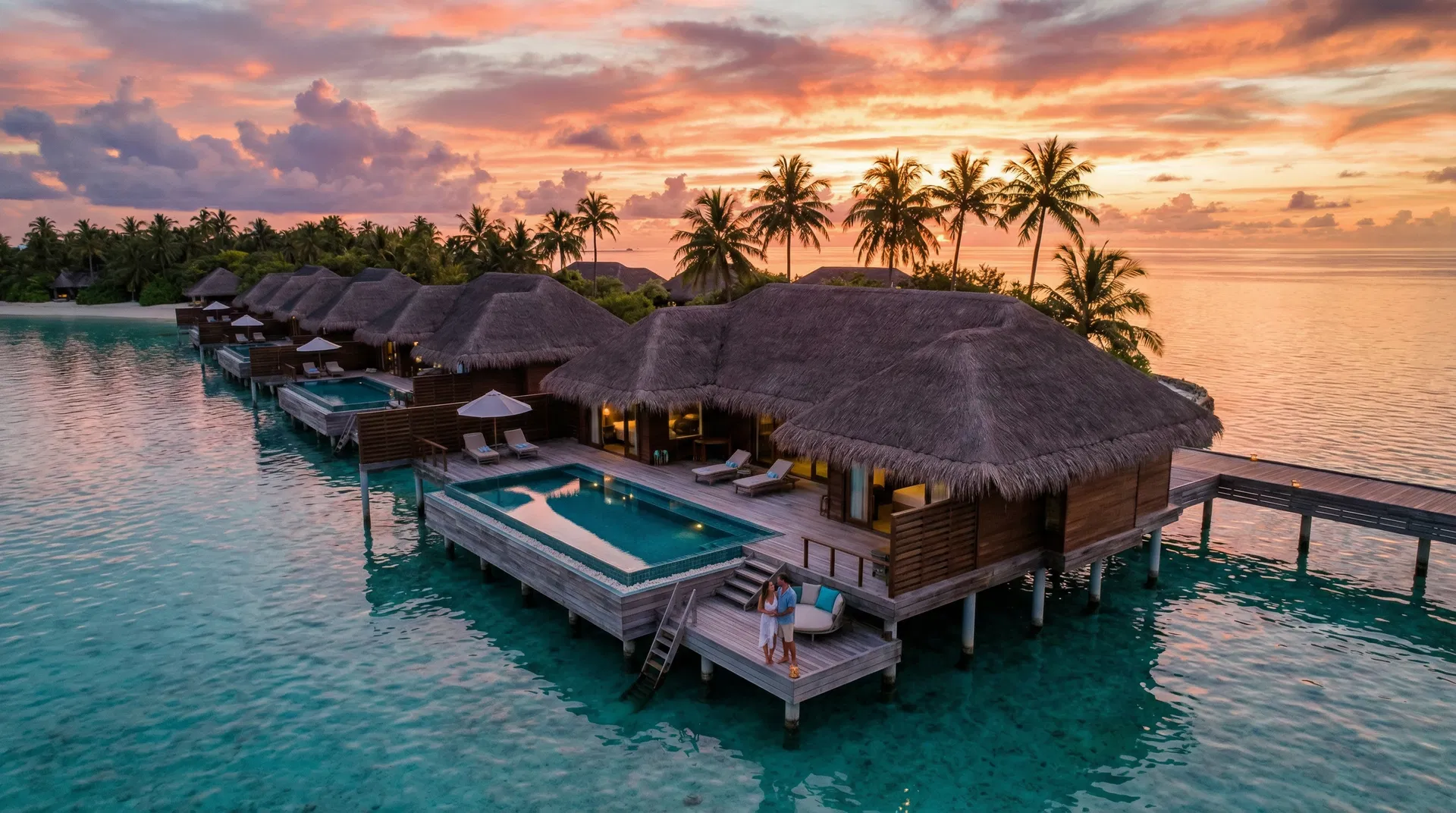 Luxury overwater villas at sunset