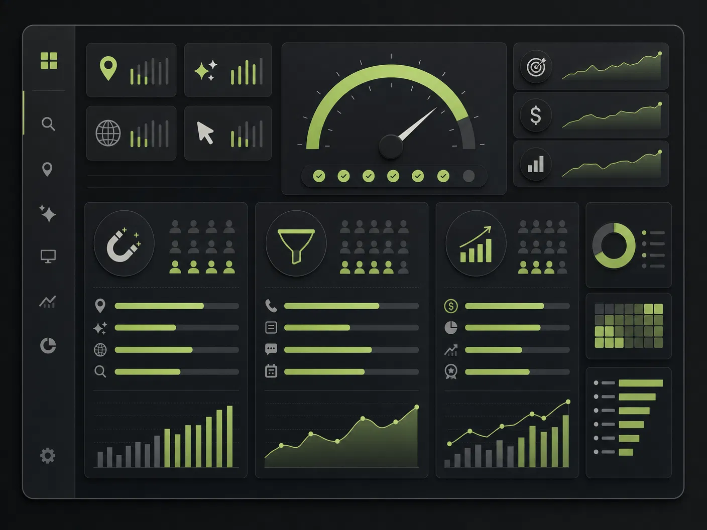 Abstract performance dashboard showing search visibility and marketing performance signals
