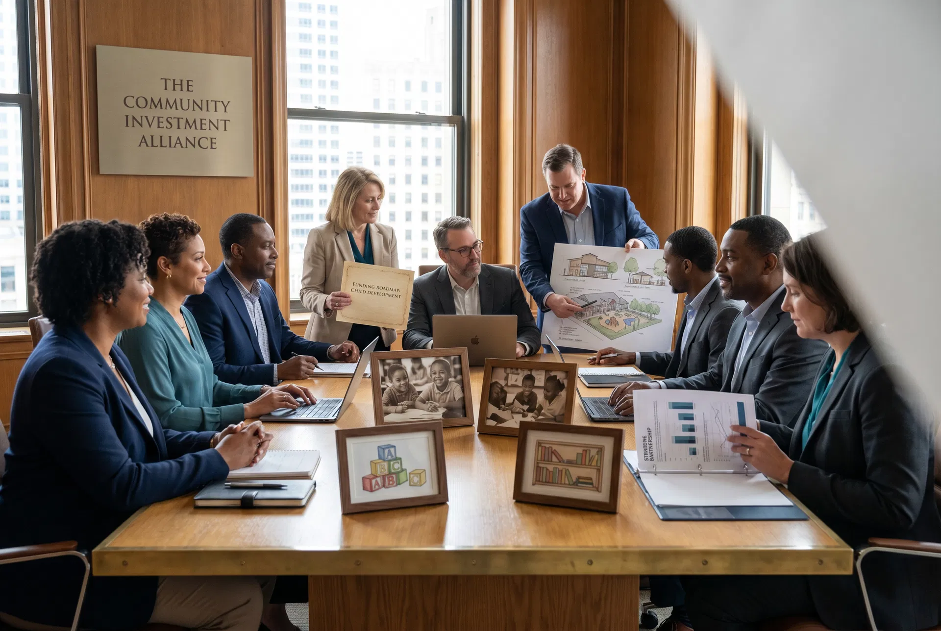 Community and corporate leaders in a strategic partnership meeting