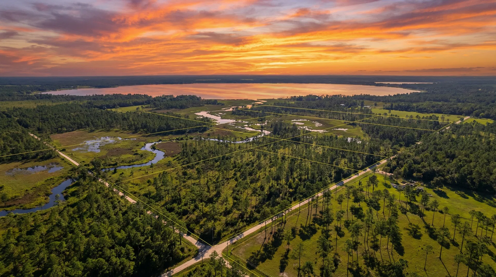 Aerial drone photography of land in Putnam County Florida at sunset