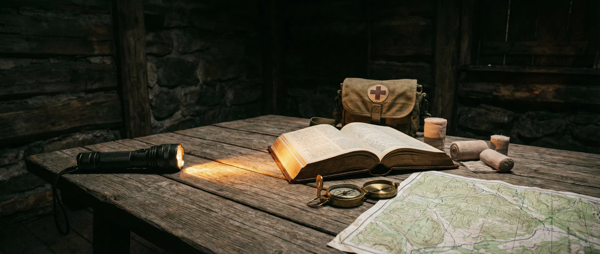 Tactical survival medical kit on a rugged table