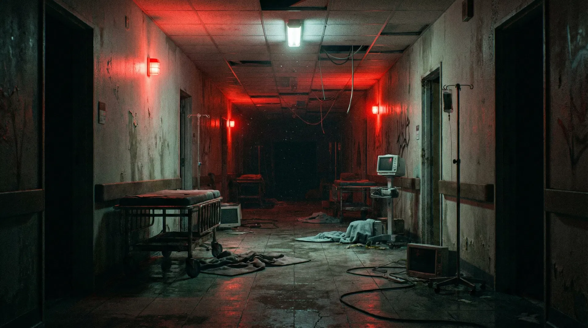Abandoned hospital corridor during power outage