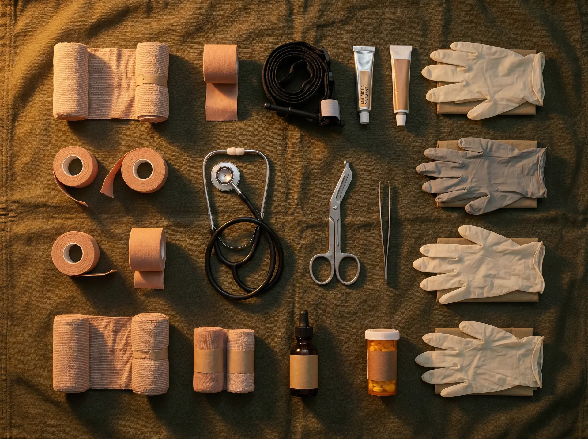 Essential survival medical supplies laid out on olive canvas