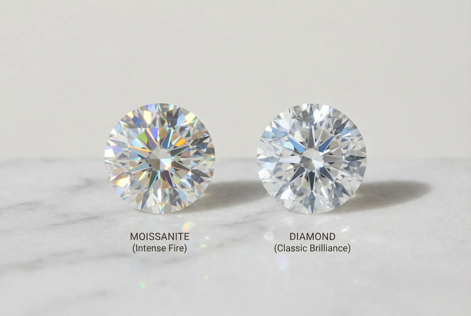 Comparison: Moissanite with intense rainbow fire alongside a diamond with classic white brilliance