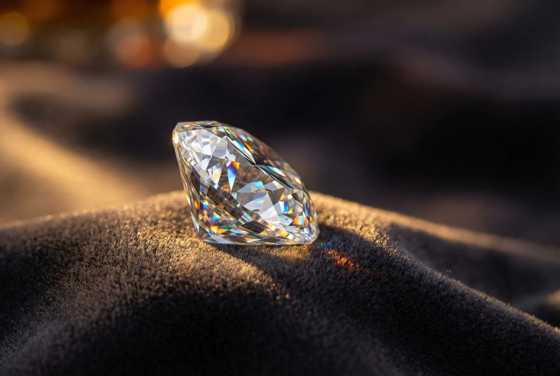 Moissanite gemstone with intense fire and rainbow dispersion on dark velvet