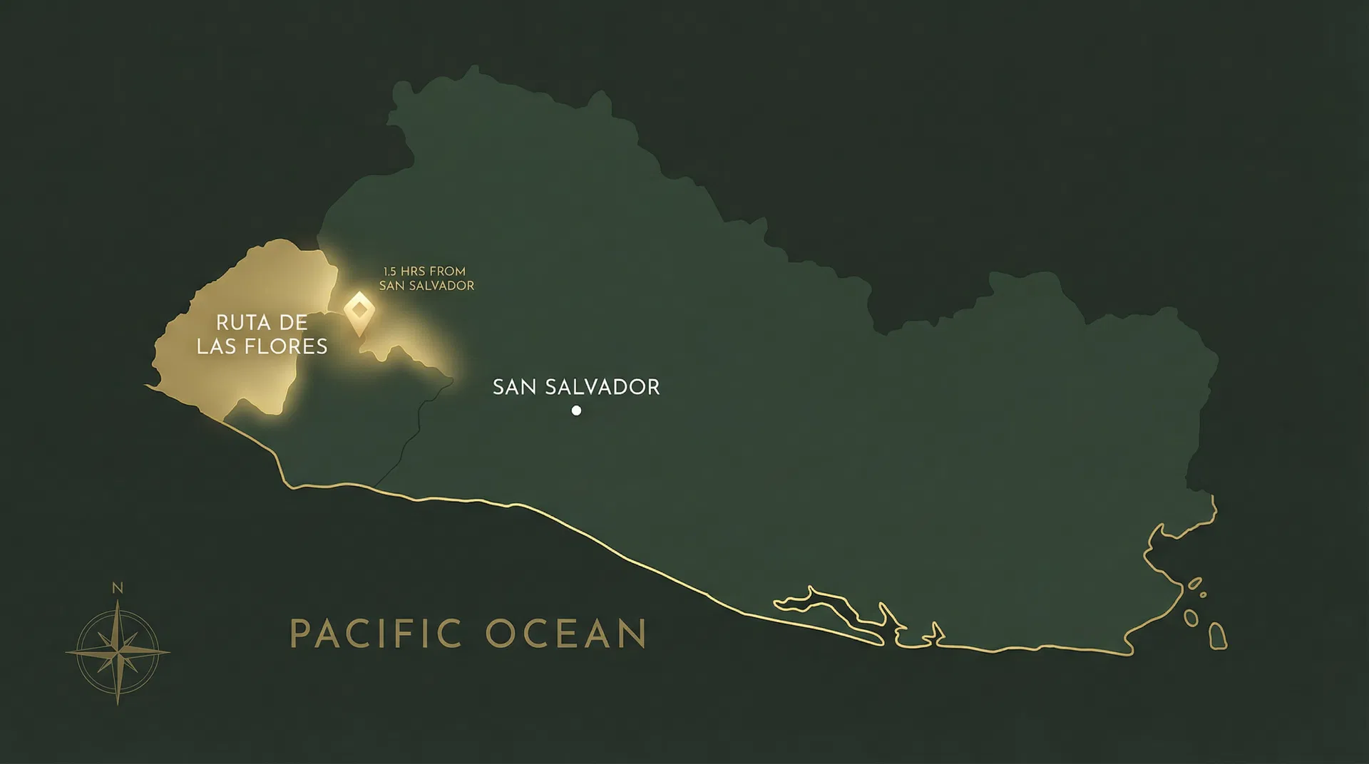 El Salvador map showing Ruta de las Flores property location relative to San Salvador and the Pacific coast