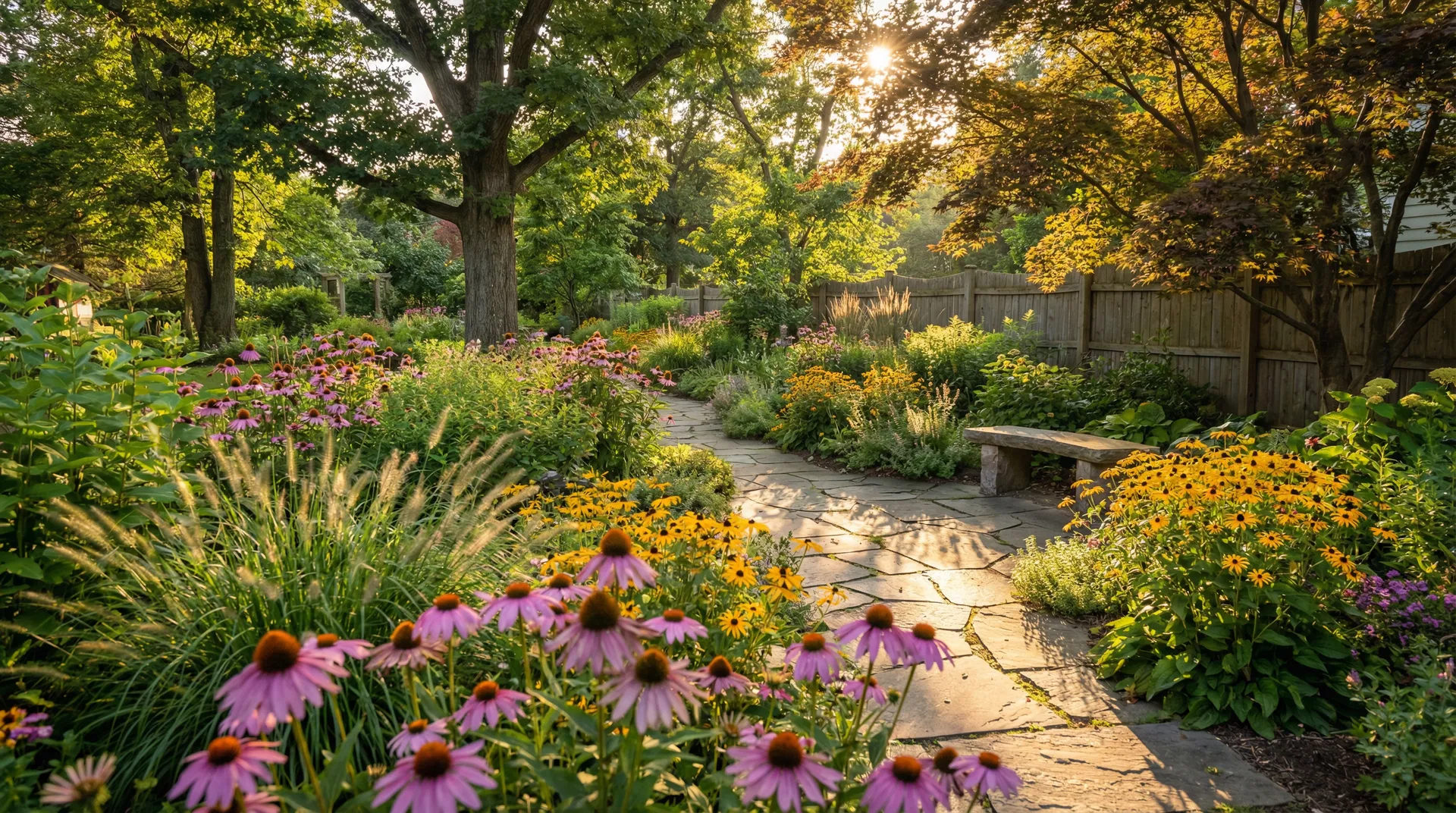 A lush Western New York garden with native perennials, stone pathways, and mature trees in golden hour light