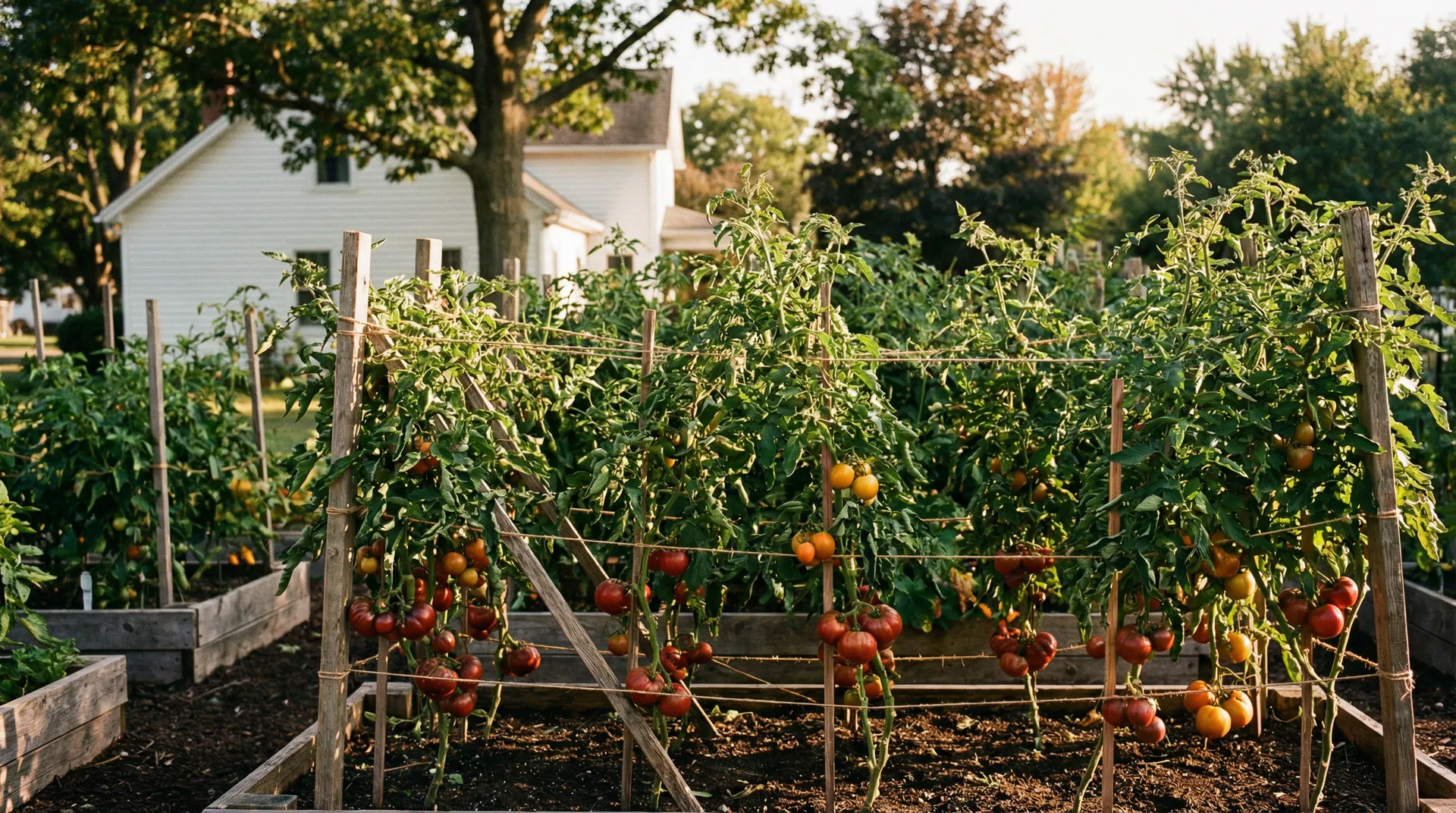Lush tomato garden in Western New York with heirloom varieties ripening on wooden stakes