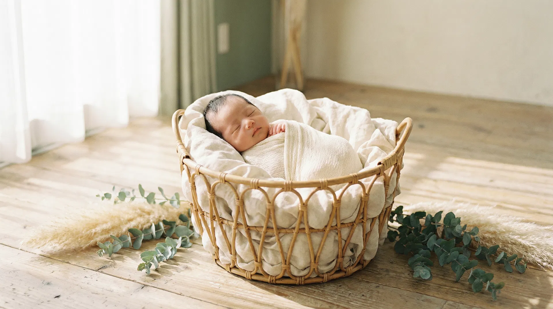 ニューボーンフォト — ラタンバスケットで眠る新生児