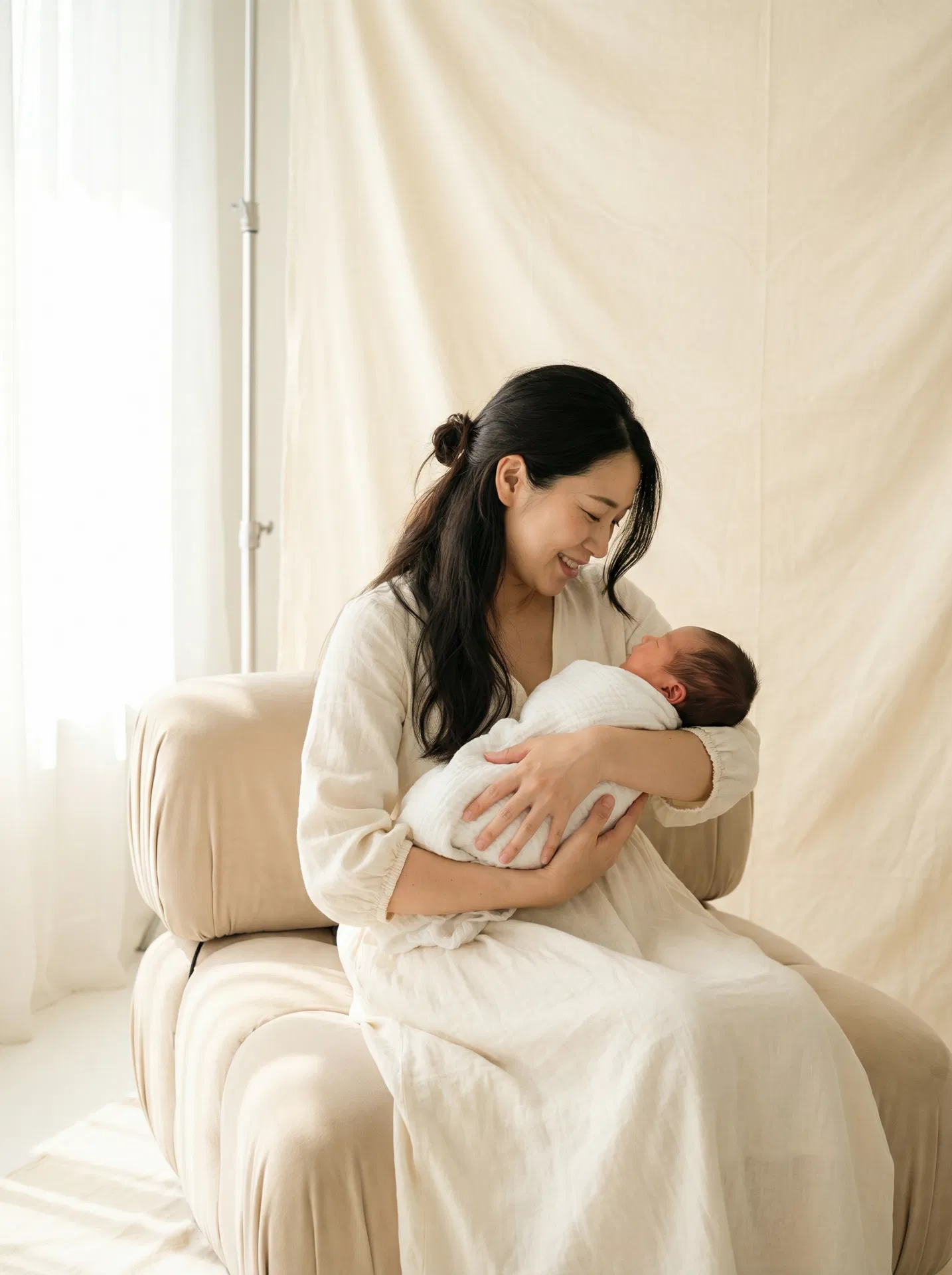 ラタンバスケットで眠るニューボーン