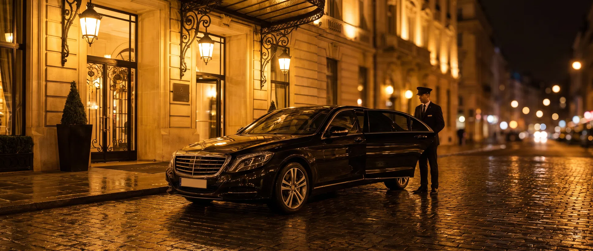 Luxury Mercedes-Benz S-Class in front of a Grand Hotel at night