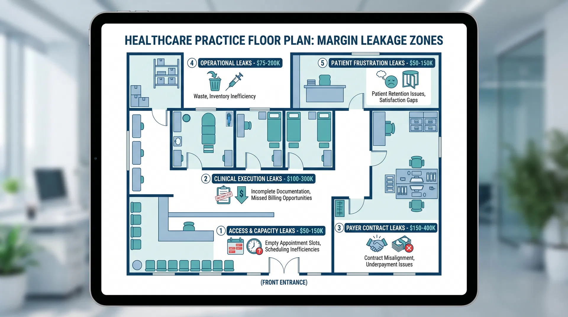 Healthcare Practice Floor Plan: Margin Leakage Zones