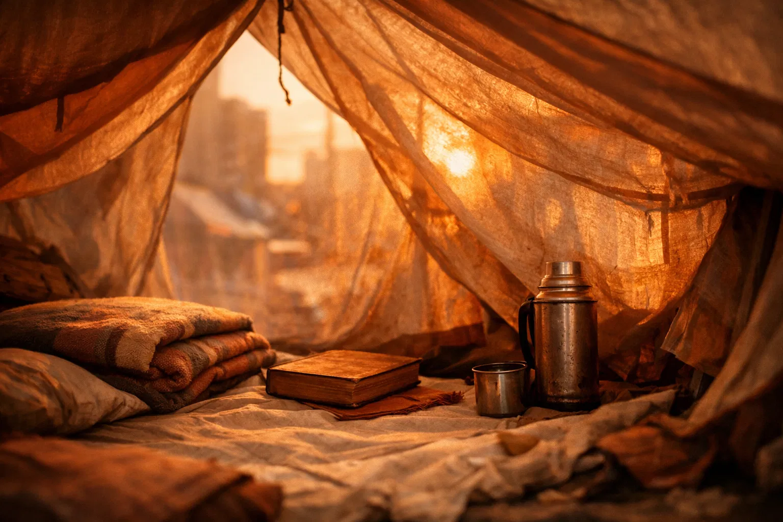 Tent shelter with warm lighting