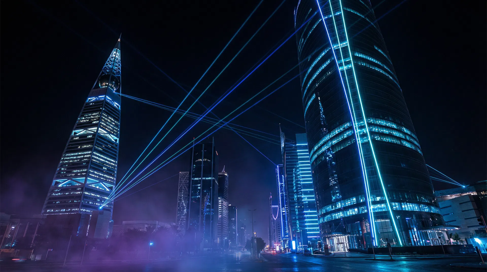 Riyadh Kingdom Tower night skyline - Uninfinity AI headquarters in Saudi Arabia