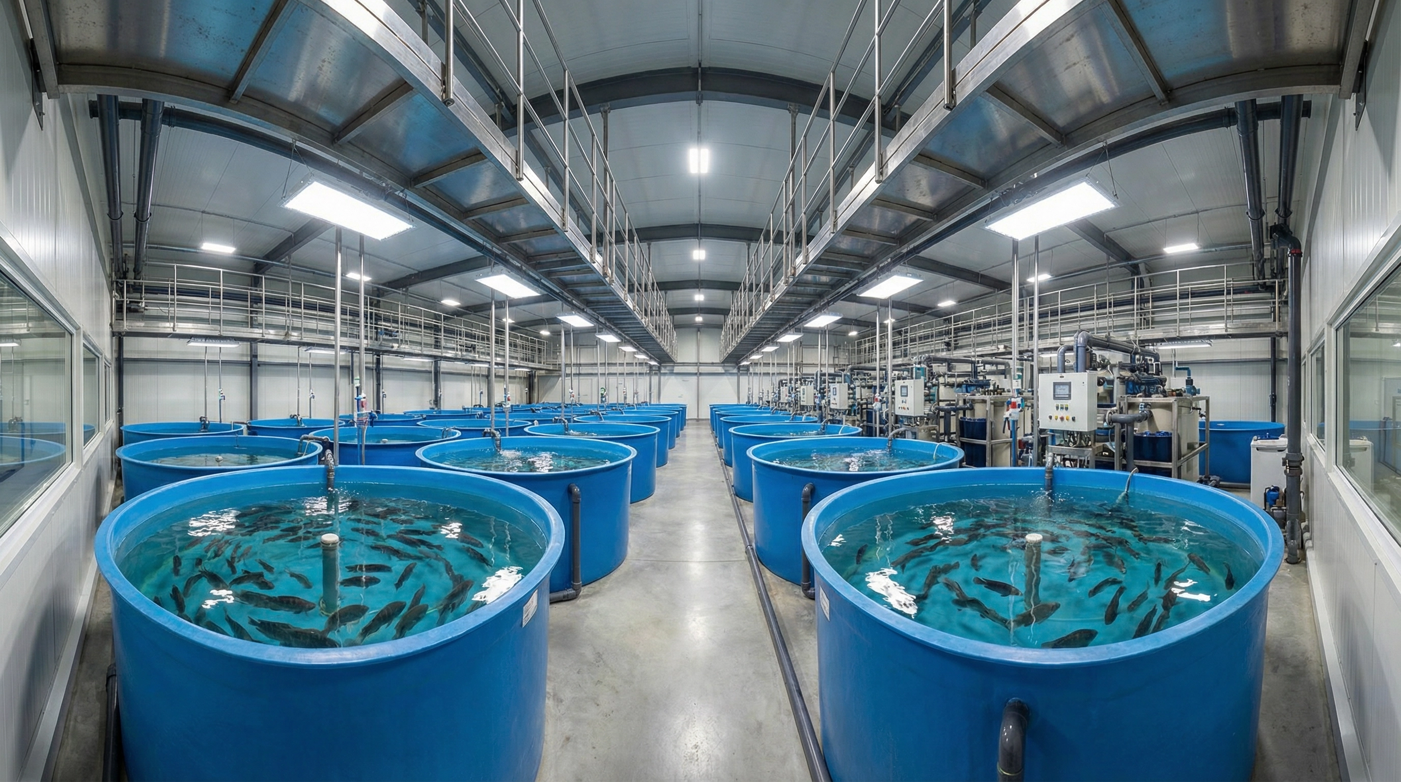 أحواض الاستزراع السمكي في مجمع وصال الزراعي بمركز الروسان — نظام تدوير المياه المغلق RAS