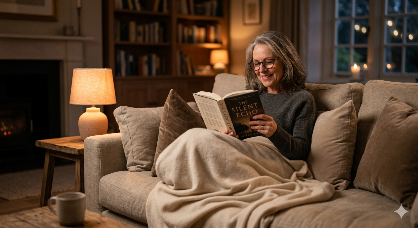 A woman in her 50s relaxing with a book, illustrating how to diversify joy sources beyond sugar.