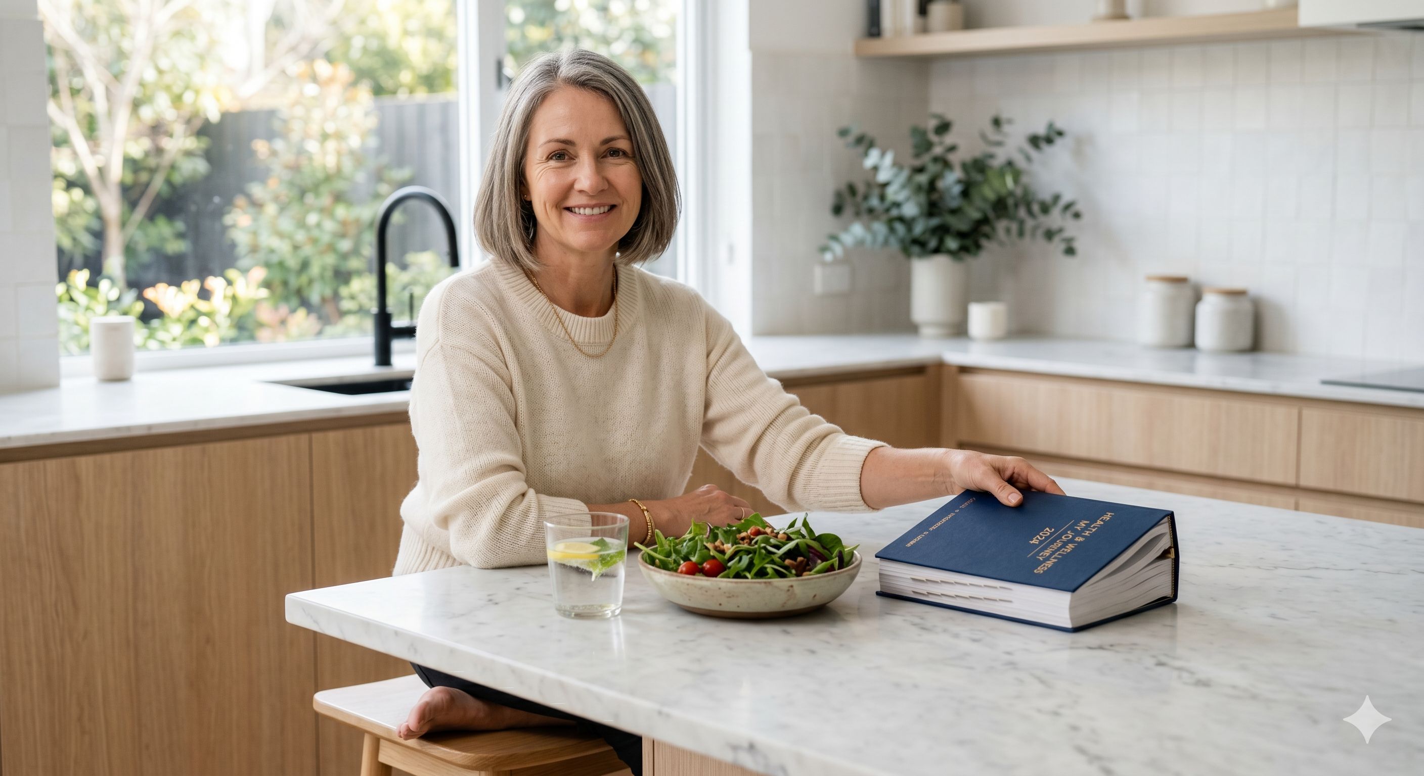 A woman in her 50s closing an overwhelming health planner and choosing simplicity, symbolizing the end of productive procrastination.