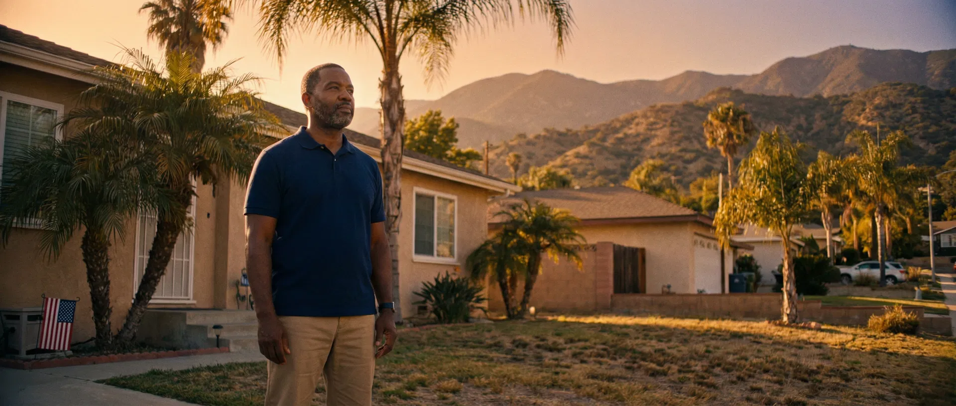 Navy veteran standing in front of a renovated home at sunset in the Inland Empire