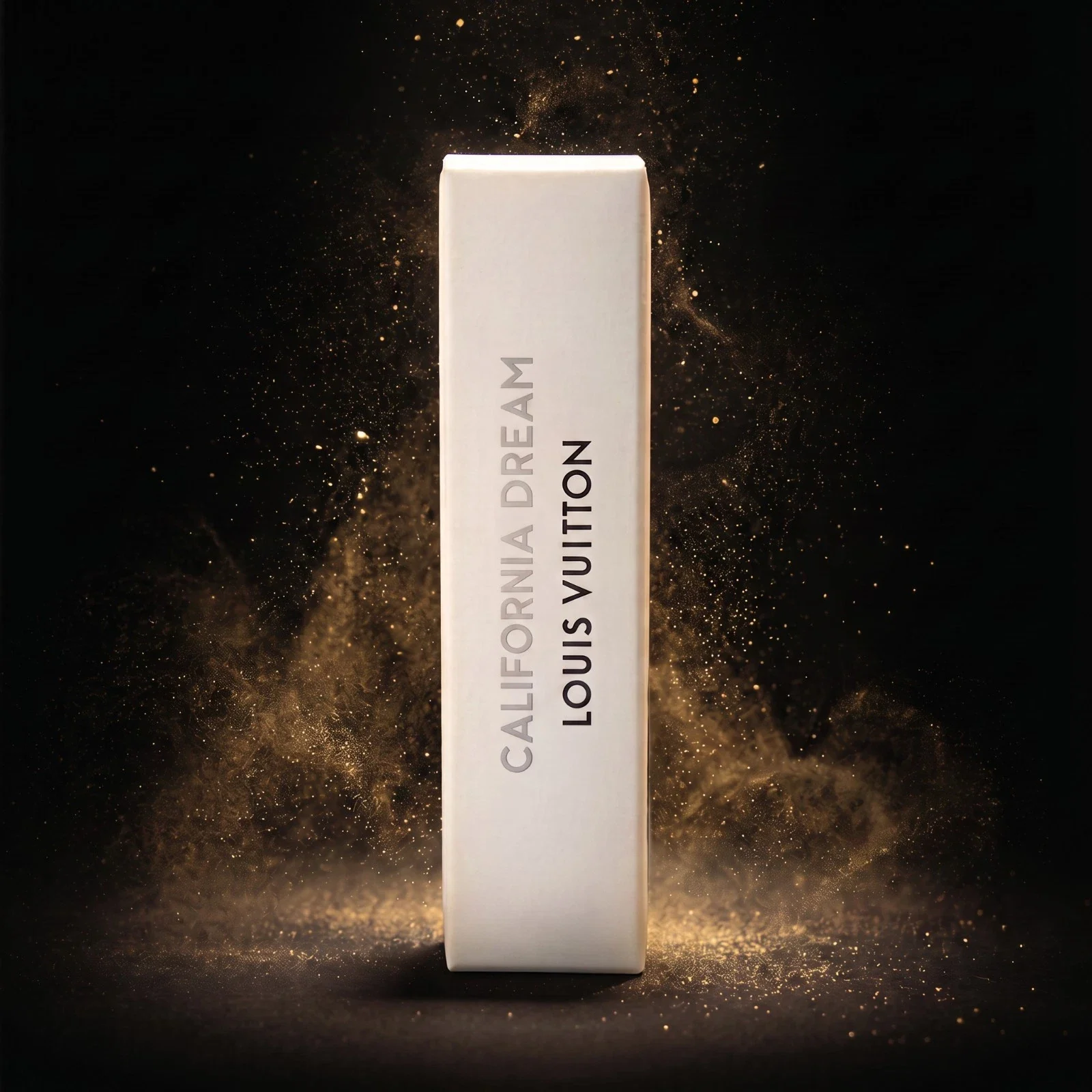 Louis Vuitton California Dream official 2ml sample box on a black gold-dust background