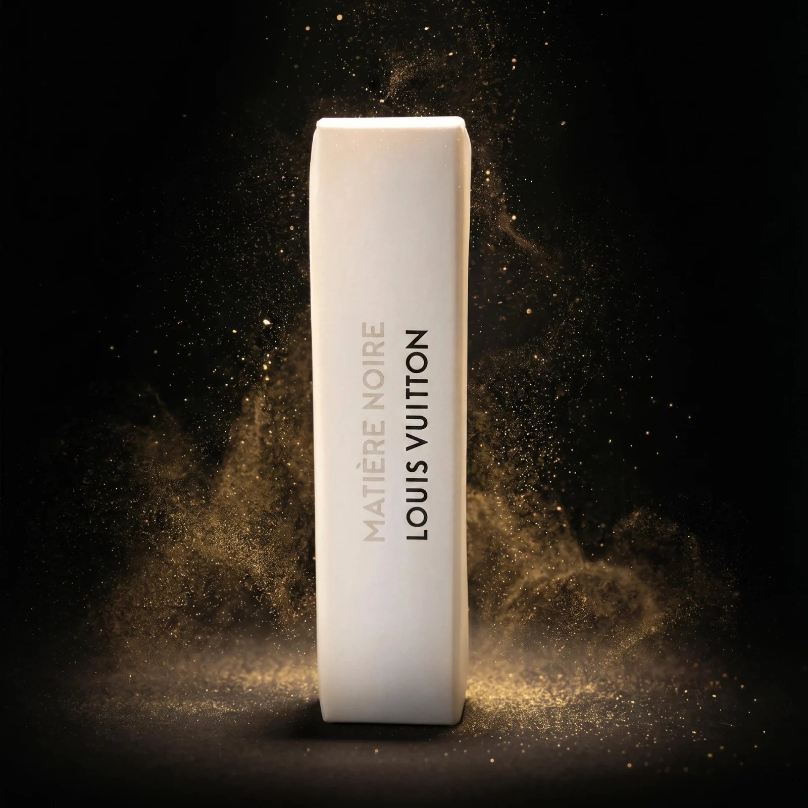 Louis Vuitton Matière Noire official 2ml sample box on a black gold-dust background