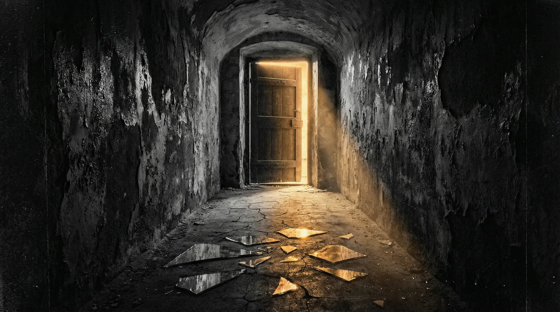 Corredor escuro com porta entreaberta e luz dourada representando clareza e saída