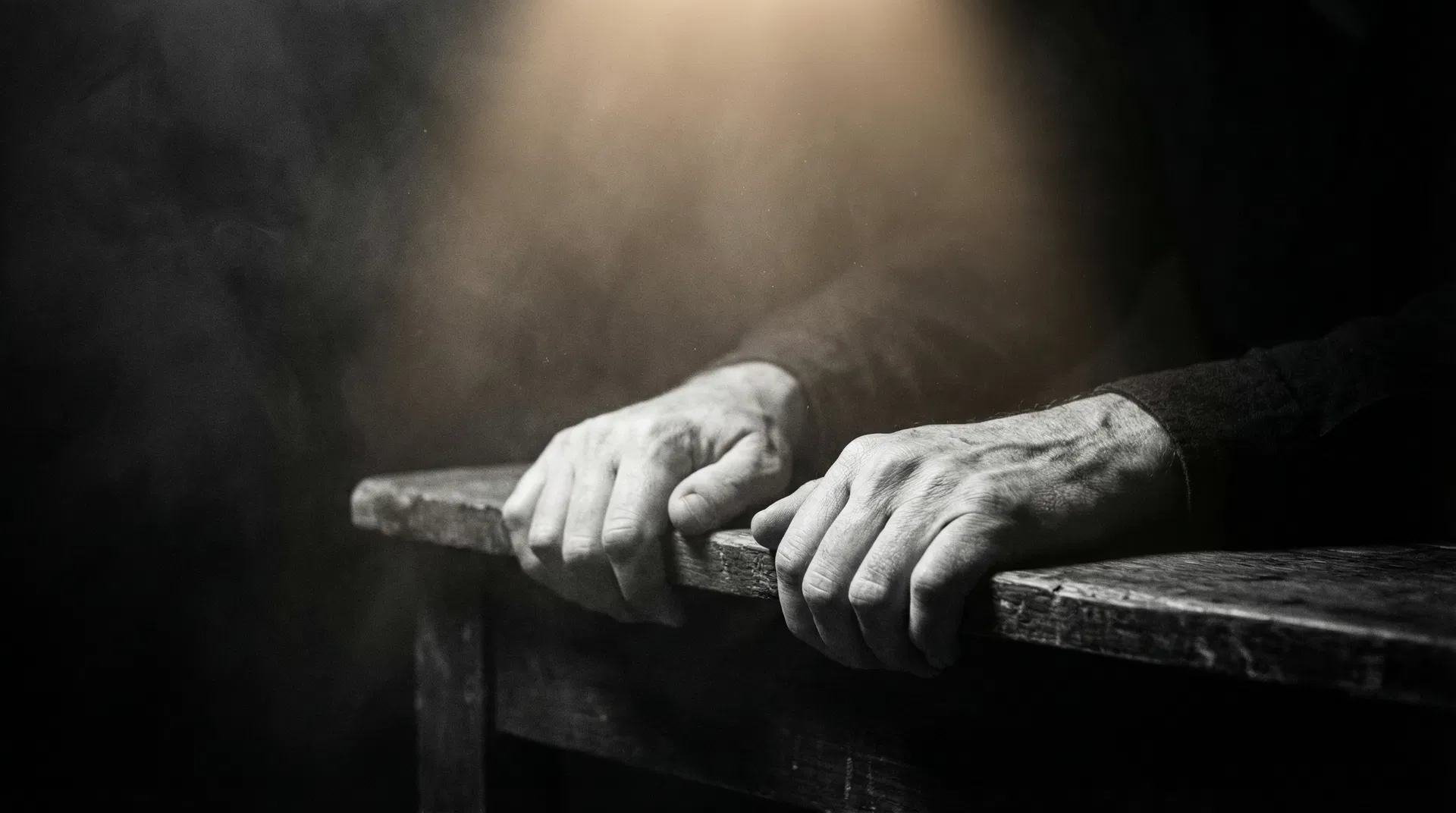 Mãos tensas segurando a borda de uma mesa representando tensão emocional silenciosa