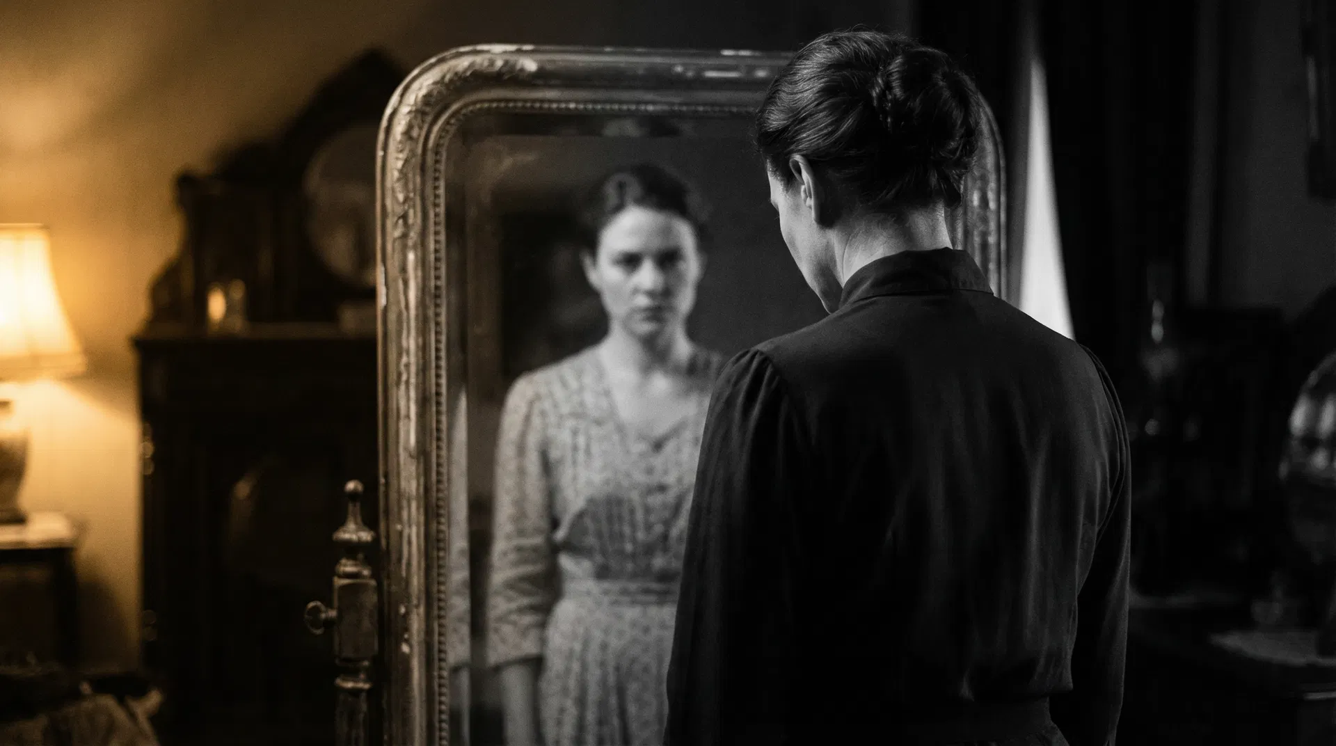 Pessoa olhando ao espelho, buscando se reconhecer