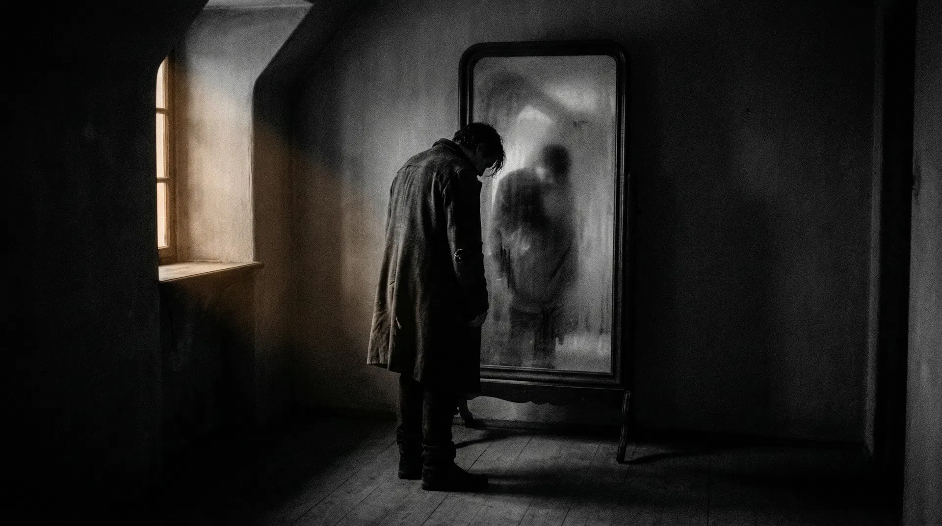 Pessoa diante de espelho embaçado representando perda de identidade