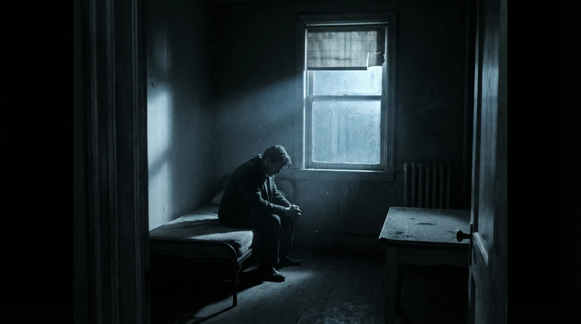 Figura solitária sentada na beira de uma cama em quarto escuro representando introspecção e dor emocional